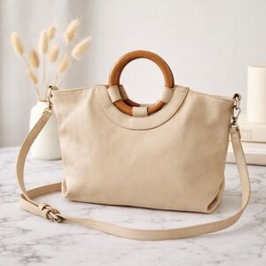 By Anthropologie Amalia Beige Leather Wood Ring Handle Shoulder Crossbody Bag